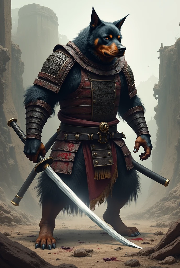 Rottweiler samurai with open bleeding wounds and healed scars with a katana in hand ready for battle