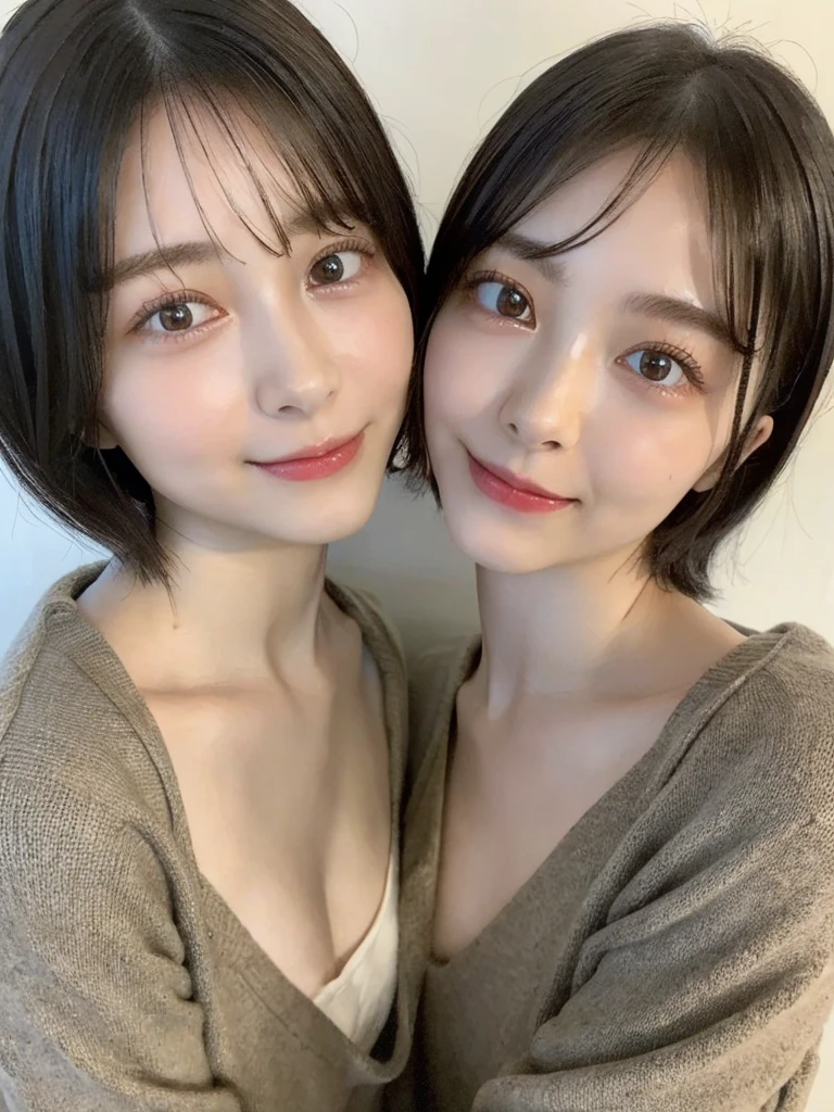 (masterpiece:1.3), (8k, Photoreal, Raw photo, best image quality: 1.4), Japanese high school girl、(random hairstyle:1.2)、cleavage:1.5、super detail face、eye for details、double eyelid、chest to chest、sharp focus:1.2、Beautiful woman:1.4、light brown hair、highest quality、masterpiece、超A high resolution、(Photoreal:1.4)、Highly detailed and professionally lit smiles、loose and light knitwear、shoulder out、thin、serious expression、short haired、deadly position
similar identical twins
All the girls have the exact same face, The two have the same face and figure, as if they were mirror images.