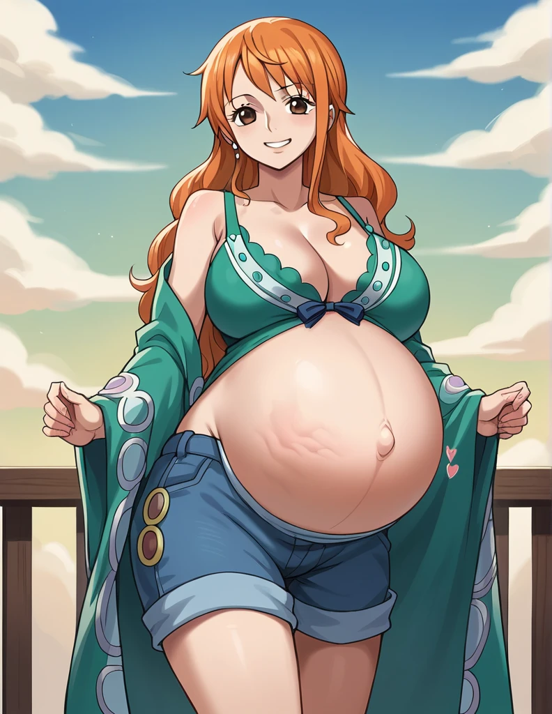 score_9, score_8_up, score_7_up, source_anime, best quality, clear face, 1girl, nami, NAAmi, orange hair, blue eyes, large breasts, lace robe, maternity robe, shorts, cleavage, smile, looking at viewer, sky, standing, pregnant belly, huge belly, belly rub, Making a heart with her hands