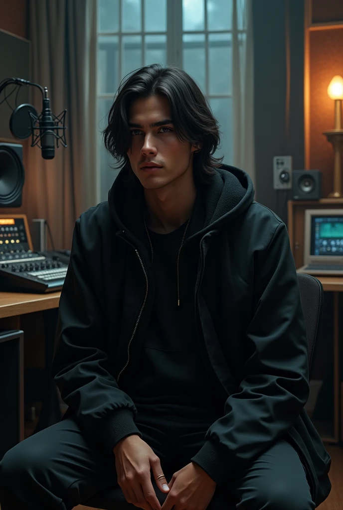 A young man in a black jacket with long hair looking sitting in a recording studio