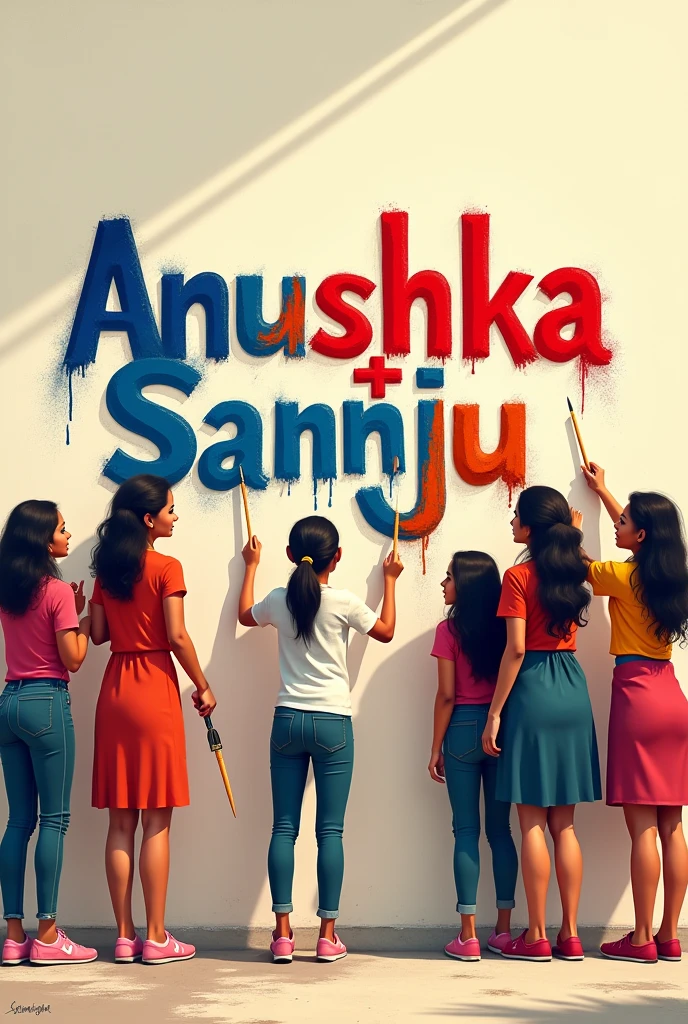 Five women two man are writing the name Anushka+Sanju on the wall with paint on the days