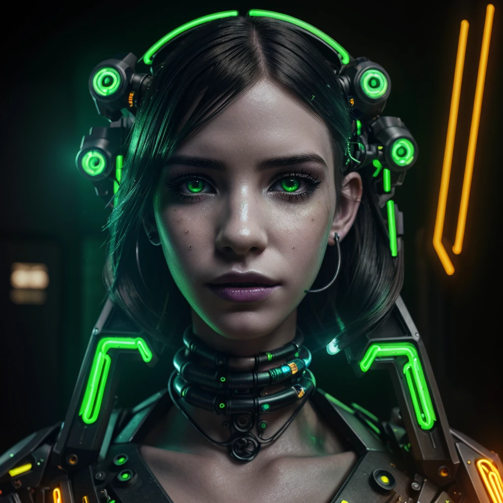 amazing, highly detailed, intricate, cyberpunk cyborg witch, Emma Roberts, beautiful detailed eyes, beautiful detailed lips, extremely detailed face and portrait, long eyelashes, mechanical body parts, glowing neon green circuitry, dark and moody lighting, dramatic chiaroscuro, cinematic composition, digital painting, concept art style, vibrant colors, neon color palette