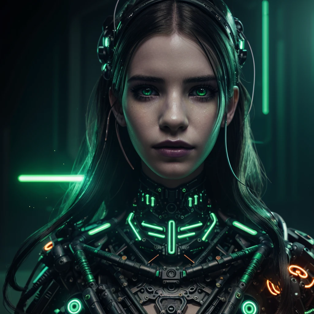 amazing, highly detailed, intricate, cyberpunk cyborg witch, Emma Roberts, beautiful detailed eyes, beautiful detailed lips, extremely detailed face and portrait, long eyelashes, mechanical body parts, glowing neon green circuitry, dark and moody lighting, dramatic chiaroscuro, cinematic composition, digital painting, concept art style, vibrant colors, neon color palette