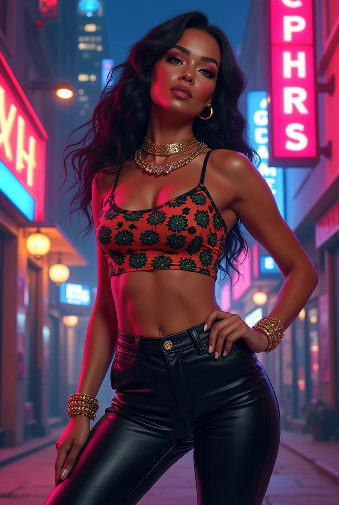 (obra de arte),(melhor qualidade), ilustração, (fantasia:1.4), A woman in a reggaeton-inspired outfit: a fitted crop top with bold patterns, high-waisted leather pants, and heeled ankle boots. She accessorizes with chunky gold jewelry, including a statement necklace and hoop earrings. Her pose is confident and sensual, with one hand on her hip and a slight, playful smile. The background features a vibrant urban scene with neon lights, graffiti, and a lively cityscape at night, adding to the energetic and edgy atmosphere. Super Detalhe, preciso, melhor qualidade, Ultra HD, Pele texturizada, vestido longo, 