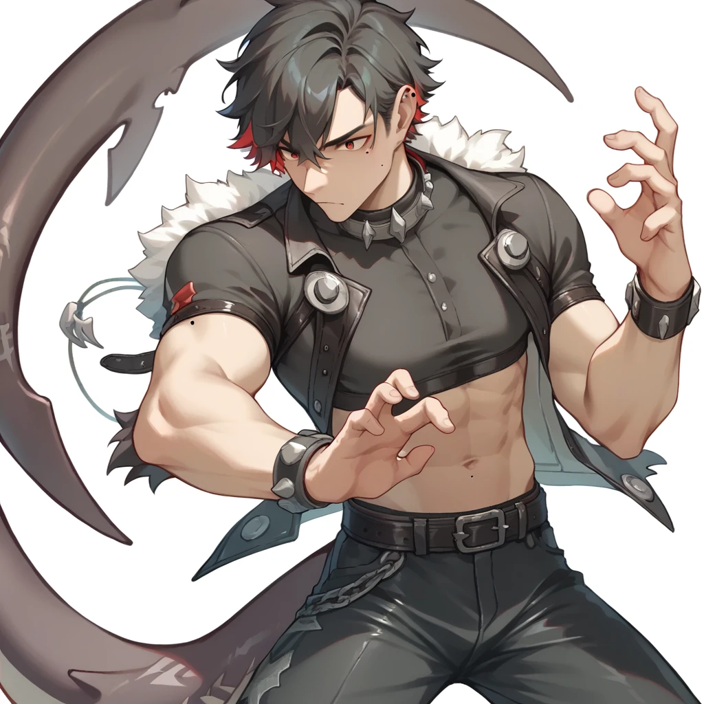 1 Boy,wrist_Iron buckle,fluffy_short_sleeve,mole_under_Eye,Black_Leather pants,Red_Jackets,shark_Tail,off white_background