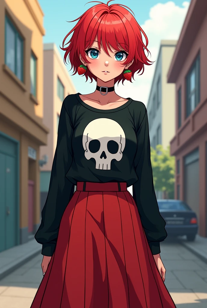 Make me a 17 year old femboy,white with short red hair in fluffy style go out,blue eyes is black,with a strawberry earring ,a nose piercing with a collar necklace a red flared skirt is a long black blouse with a skull on the front in 2d style