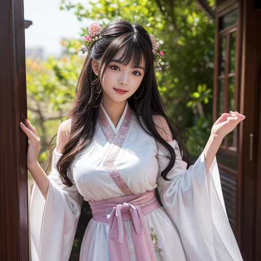 best quality, Delicate face,beautiful visual work, lifelike, eternity, black hair, Long curly hair, blunt bangs, Smile, Detailed Background, Delicate face,blush,cold,((masterpiece))、(top quality)、8k、high detail、Super detailed,21 years old female,身穿唐制Hanfu、waist skirt, Clothes are light and fluffy,Hanfu, wide sleeves, Transparent sleeves, Tunic, Clothes made of chiffon, masterpiece、born、Scenes resembling fairy tale illustrations、intricate details和複雜的設計、Beautifully、magic、capricious、 Beautifully、Dream aesthetics、「𝓡𝓸𝓶𝓪𝓷𝓽𝓲𝓬、ethereal、charming、fickle、magic」、realism、Visual effects、FXAA、SSAO、Shader、voiceless、ambient lighting、Tone mapping、High resolution、Ultra high quality、Million pixels、(8K resolution:1.10)、8k、8k以下、8K resolution、high detail、intricate details, (high quality:1.2、masterpiece:1.2、:1.21)、(21 years old female:1.21)、(興奮地Smile)、(被dream般的氛圍所包圍、Model diagram,full-body shot,Normal 2 feet,Put your hands behind you,The protrusion of the breast is visible when wearing clothes, Large Breasts, H cup chest, antiquity, Xian Xia, gauze clothes, Soft and fluttering, Fairy, dream, fantasy, light, Elegant, nature, Immortal, romantic, classical, ribbon,Chinese style, Chinese Valentine's Day theme