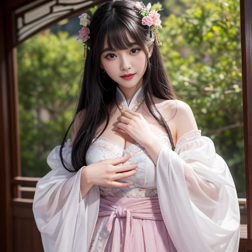 best quality, Delicate face，beautiful visual work, lifelike, eternity, black hair, Long curly hair, blunt bangs, Smile, Detailed Background, Delicate face，blush，cold，((masterpiece))、(top quality)、8k、high detail、Super detailed，21 years old female，身穿唐制Hanfu、waist skirt, Clothes are light and fluffy，Hanfu, wide sleeves, Transparent sleeves, Tunic, Clothes made of chiffon, masterpiece、born、Scenes resembling fairy tale illustrations、intricate details和複雜的設計、Beautifully、magic、capricious、 Beautifully、Dream aesthetics、「𝓡𝓸𝓶𝓪𝓷𝓽𝓲𝓬、ethereal、charming、fickle、magic」、realism、Visual effects、FXAA、SSAO、Shader、voiceless、ambient lighting、Tone mapping、High resolution、Ultra high quality、Million pixels、(8K resolution:1.10)、8k、8k以下、8K resolution、high detail、intricate details， (high quality:1.2、masterpiece:1.2、:1.21)、(21 years old female:1.21)、(興奮地Smile)、(被dream般的氛圍所包圍、Model diagram，full-body shot，Normal 2 feet，Put your hands behind you，The protrusion of the breast is visible when wearing clothes, Large Breasts, H cup chest, antiquity, Xian Xia, gauze clothes, Soft and fluttering, Fairy, dream, fantasy, light, Elegant, nature, Immortal, romantic, classical, ribbon,Chinese style, Chinese Valentine&#39;s Day theme