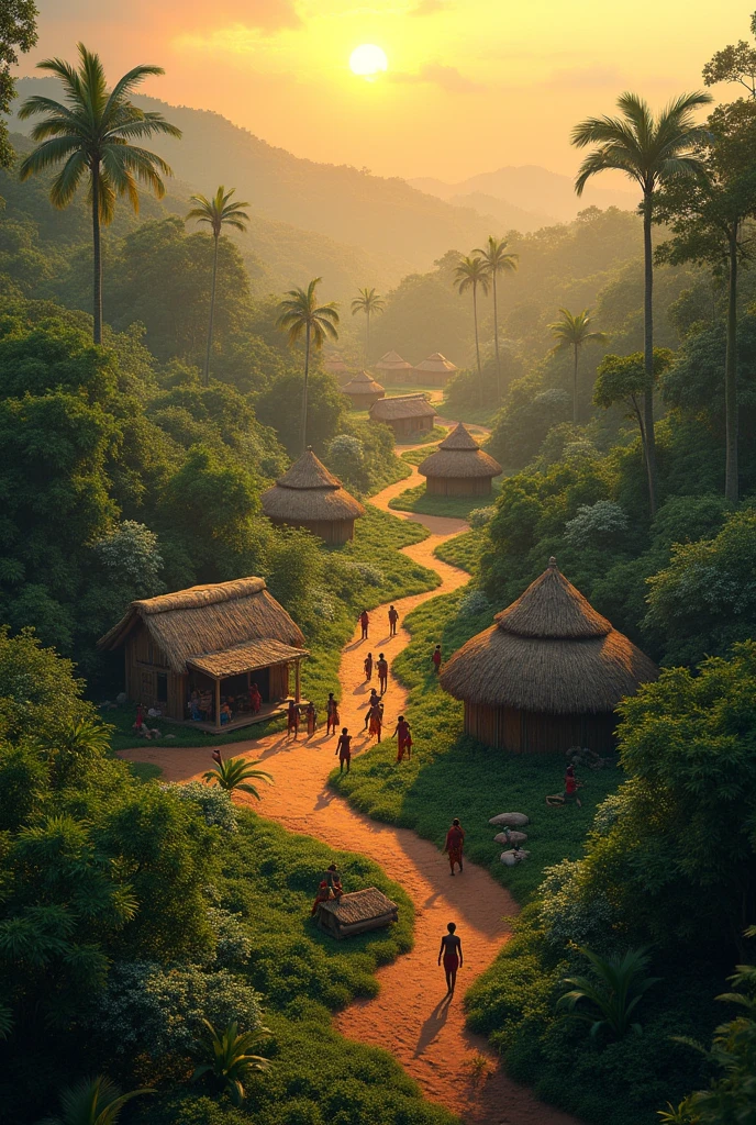 Je veux une image d'un village africain dans la forêt avec le soleil levant