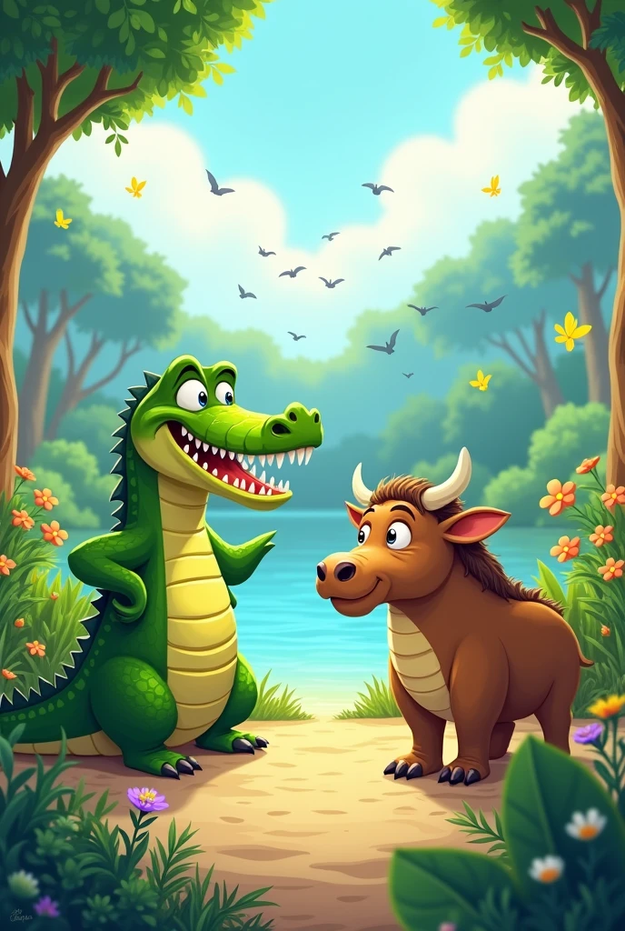 The Arrogant Crocodile and a kindfull Carabao in a cartoon style