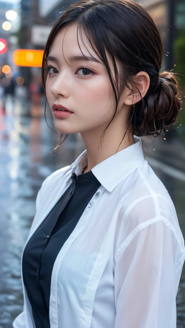 ((Highest quality, 8k, masterpiece: 1.3)), sharp: 1.2, Perfect Body Beauty: 1.4, Slim Abs: 1.2, ((Layered Hairstyles,: 1.2)), (Wet White Button Long Shirt: 1.1), (rain, street: 1.2), Wet: 1.5, Highly detailed face and skin texture, Detailed eyes, double eyelid, Profile looking at the camera