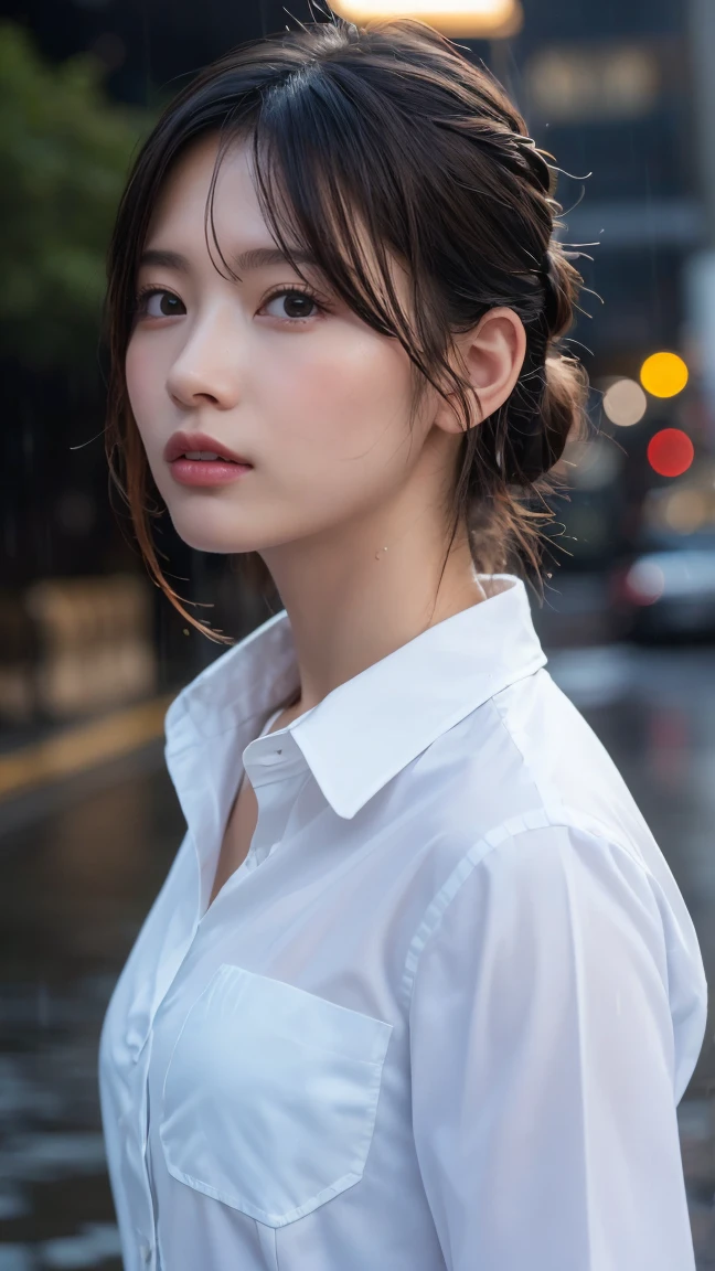 ((Highest quality, 8k, masterpiece: 1.3)), sharp: 1.2, Perfect Body Beauty: 1.4, Slim Abs: 1.2, ((Layered Hairstyles,: 1.2)), (Wet White Button Long Shirt: 1.1), (rain, street: 1.2), Wet: 1.5, Highly detailed face and skin texture, Detailed eyes, double eyelid, Profile looking at the camera