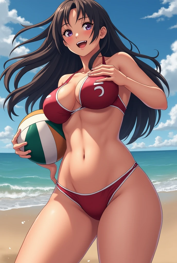 A scantily clad anime volleyball woman, with giant breasts masturbating