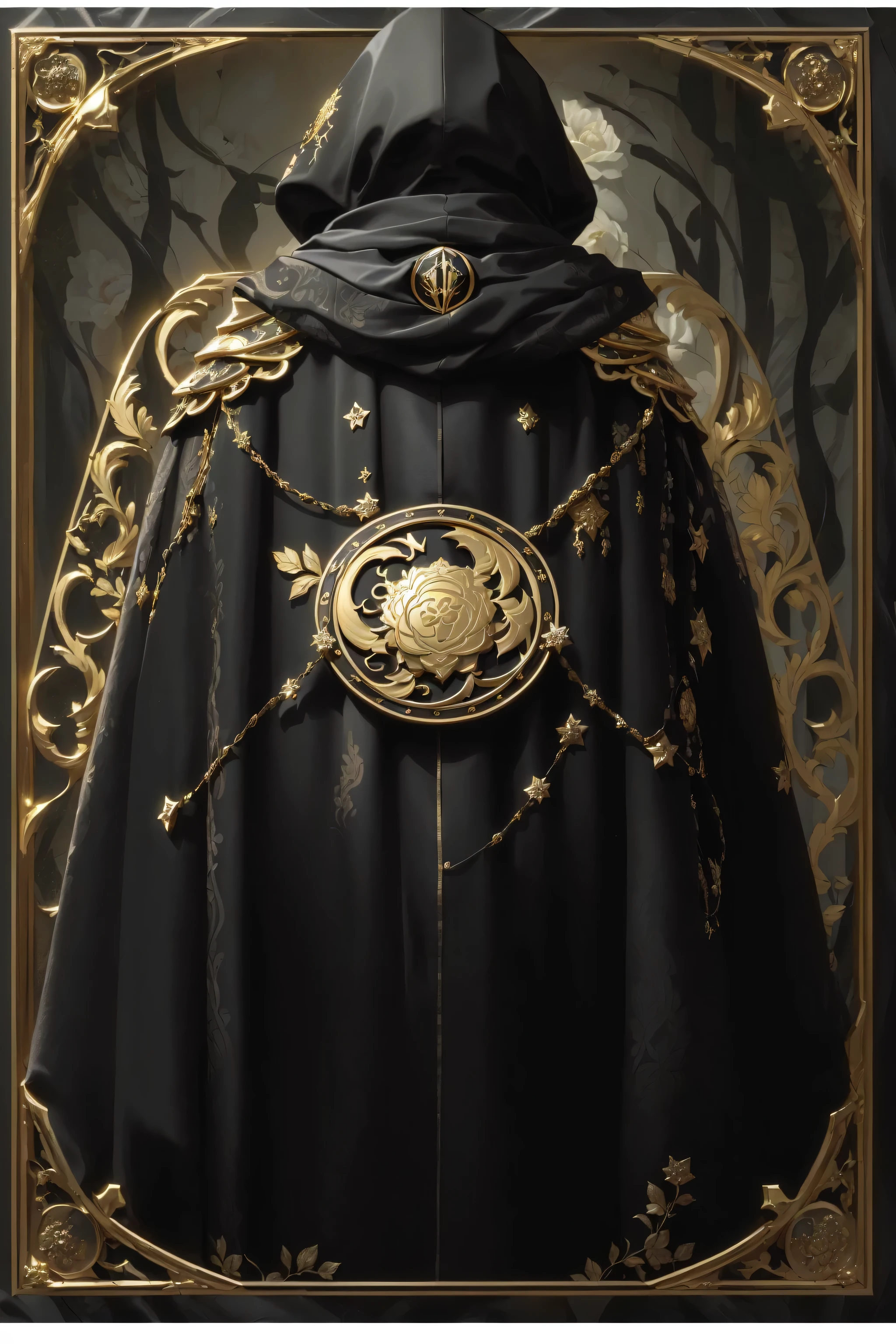 a close up of a black capa with a gold medallion on it, capa. flowers detail in gold