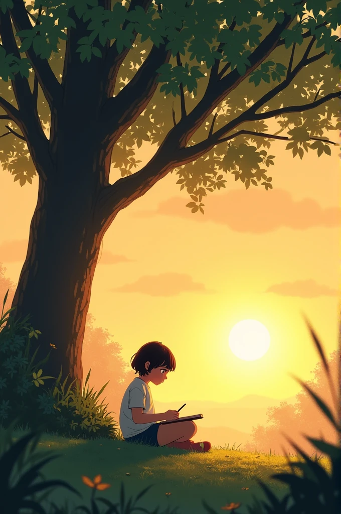 One girl sitting below the tree and writing books and the atmosphere is yellowish with sunrise seen and fully peaceful place no people in that place