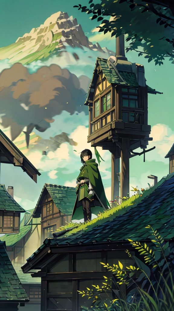 yuichiro hyakuya, (WithoutFear:1), 1 boy, black hair, green eyes, brown coat, gray armor, green shield, green cloak, dark brown gloves, town, white fur trim, tall, anime, standing, good quality, portrait, looking at viewer