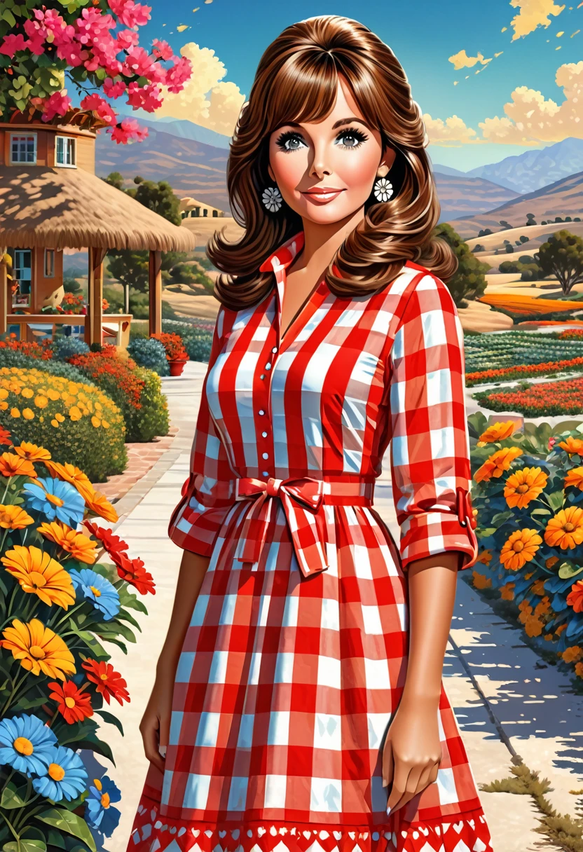 Dawn Wells gingham dress. Official Art – An Award-Winning Digital Masterpiece In 4K Ultra HD, Extreme Detail And Intricate Realism. Symmetrical Face. This bright and colorful Concept Art Brought To Life By The Hands Of Artists Like Wlop & Artgerm In A Stunning 2D Vector Illustration. Background Is A Panoramic Vista.
