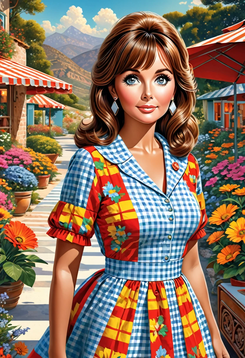 Dawn Wells gingham dress. Official Art – An Award-Winning Digital Masterpiece In 4K Ultra HD, Extreme Detail And Intricate Realism. Symmetrical Face. This bright and colorful Concept Art Brought To Life By The Hands Of Artists Like Wlop & Artgerm In A Stunning 2D Vector Illustration. Background Is A Panoramic Vista.