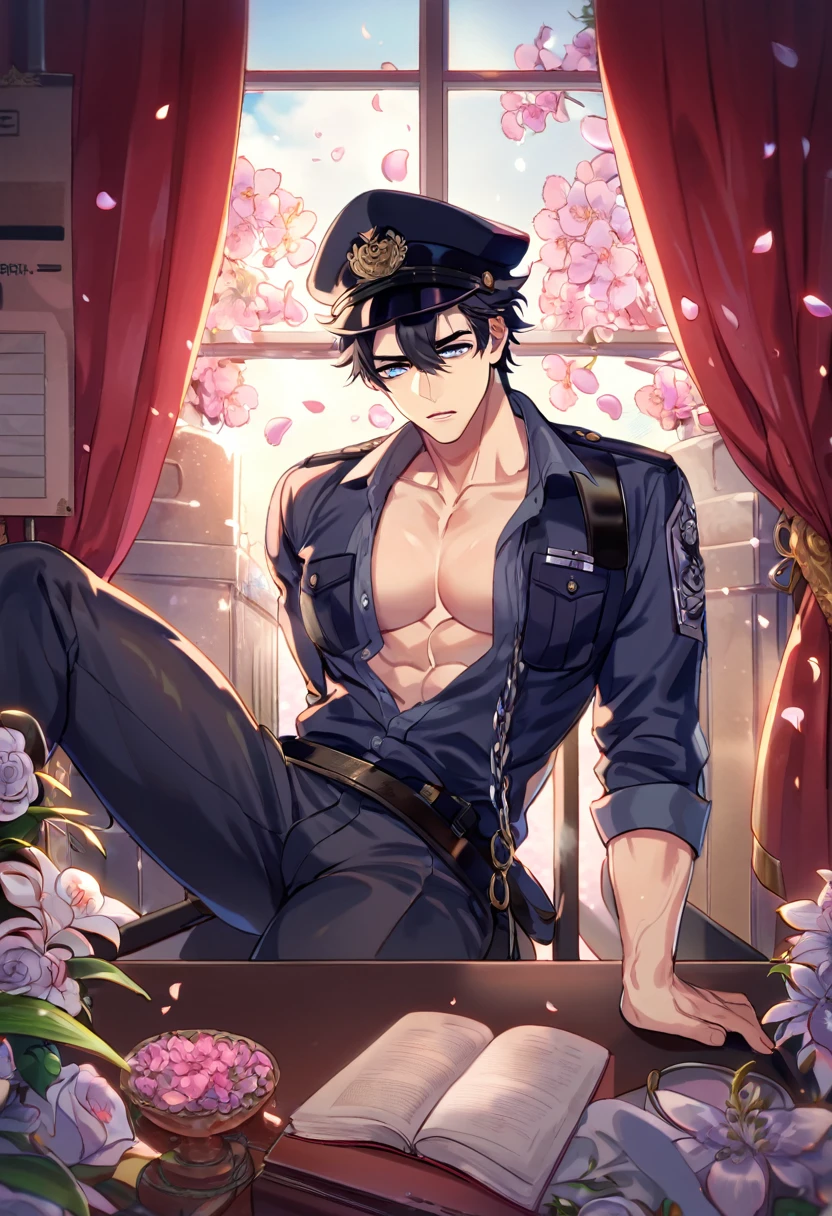absurdres, highres, ultra detailed, HDR, master piece, best quality, Wriothesley, black hair, expressive blue eyes, Genshin Impact, solo, sexy man, handsome, horny, lewd, black police officer clothes, unbuttoned shirt, black hat, fantasy, police station, window, petals, flowers, room, red curtains, Nu Carnival