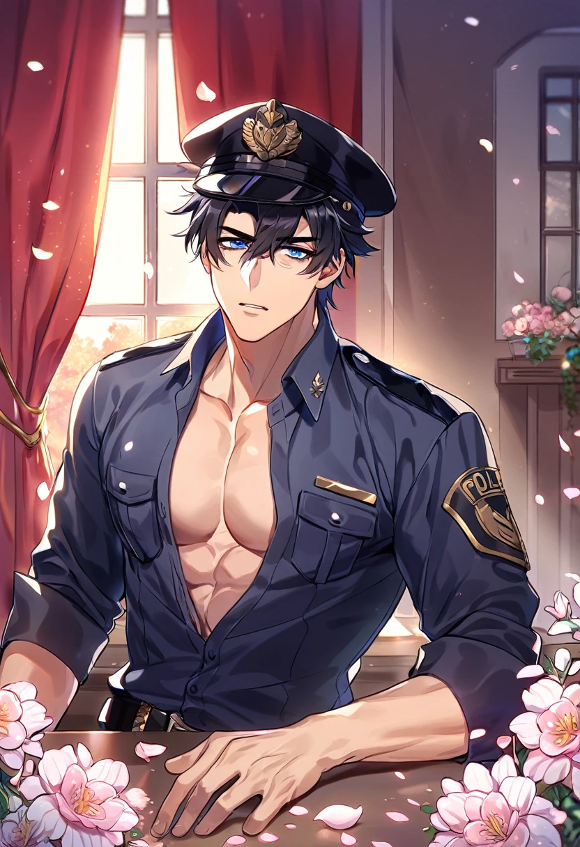 absurdres, highres, ultra detailed, HDR, master piece, best quality, Wriothesley, black hair, expressive blue eyes, Genshin Impact, solo, sexy man, handsome, horny, lewd, black police officer clothes, unbuttoned shirt, black hat, fantasy, police station, window, petals, flowers, room, red curtains, Nu Carnival 