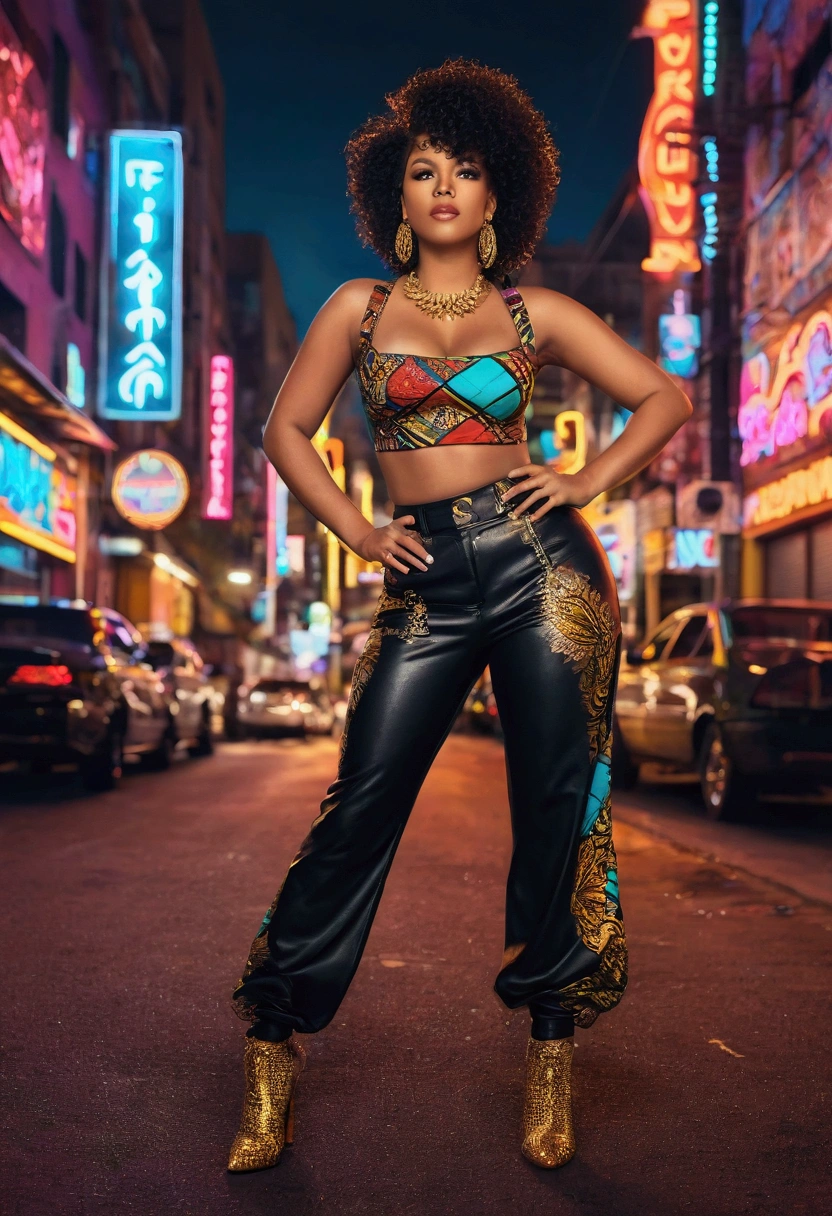 (obra de arte),(melhor qualidade), ilustração, (fantasia:1.4), A woman in a reggaeton-inspired outfit: a fitted crop top with bold patterns, high-waisted leather pants, and heeled ankle boots. She accessorizes with chunky gold jewelry, including a statement necklace and hoop earrings. Her pose is confident and sensual, with one hand on her hip and a slight, playful smile. The background features a vibrant urban scene with neon lights, graffiti, and a lively cityscape at night, adding to the energetic and edgy atmosphere. Super Detalhe, preciso, melhor qualidade, Ultra HD, Pele texturizada, vestido longo,