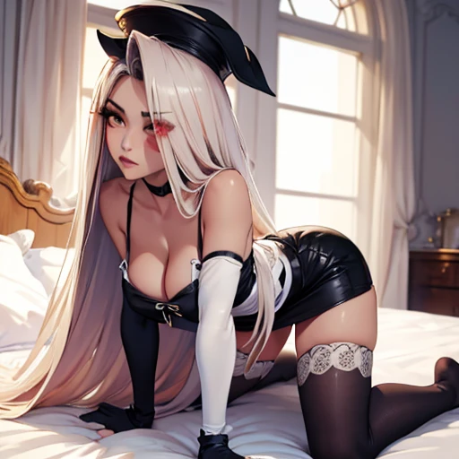 kneeling on bed doggy style, invite for sex(masterpiece, best quality:1.4), absurdres, highres, ultra detailed, beautiful, (secretary), (perfect face, detailed face, beautiful:1.3),(natural breasts, cleavage), collarbone, fingerless gloves, gloves,spaghetti strap top, black pencil skirt, tight, over the knee skirt, hat, elegant secretary outfit, thighhighs, thick thighs, thighs, multiple belts, More detailed 8K.motor irreal:1.4,UHD,La mejor calidad:1.4, fotorrealista:1.4, textura de la piel:1.4, obra maestra:1.8,obra-prima, mejor calidad,objeto Objeto], (detailed face features:1.3),(manos detailed)