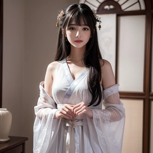 best quality, Delicate face，beautiful visual work, lifelike, eternity, black hair, Long curly hair, blunt bangs, Smile, Detailed Background, Delicate face，blush，cold，((masterpiece))、(top quality)、8k、high detail、Super detailed，21 years old female，身穿唐制Hanfu、waist skirt, Clothes are light and fluffy，Hanfu, wide sleeves, Transparent sleeves, Tunic, Clothes made of chiffon, masterpiece、born、Scenes resembling fairy tale illustrations、intricate details和複雜的設計、Beautifully、magic、capricious、 Beautifully、Dream aesthetics、「𝓡𝓸𝓶𝓪𝓷𝓽𝓲𝓬、ethereal、charming、fickle、magic」、realism、Visual effects、FXAA、SSAO、Shader、voiceless、ambient lighting、Tone mapping、High resolution、Ultra high quality、Million pixels、(8K resolution:1.10)、8k、8k以下、8K resolution、high detail、intricate details， (high quality:1.2、masterpiece:1.2、:1.21)、(21 years old female:1.21)、(興奮地Smile)、(被dream般的氛圍所包圍、Model diagram，full-body shot，Normal 2 feet，Put your hands behind you，The protrusion of the breast is visible when wearing clothes, Large Breasts, H cup chest, antiquity, Xian Xia, gauze clothes, Soft and fluttering, Fairy, dream, fantasy, light, Elegant, nature, Immortal, romantic, classical, ribbon,Chinese style, Chinese Valentine&#39;s Day theme