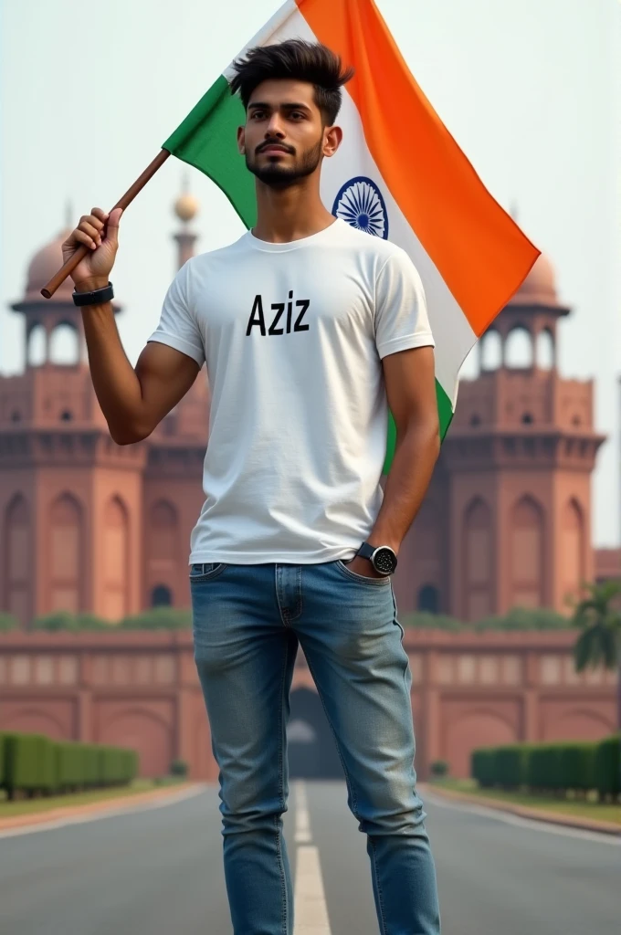 Generate a Realistic 20 years old boy, Wearing White T shirt blue jeans sneakers and the name "Aziz" is written on his t-shirt and the boy is standing on the road with holding a national flag of India, and behind him is the Red Fort Delhi. And written