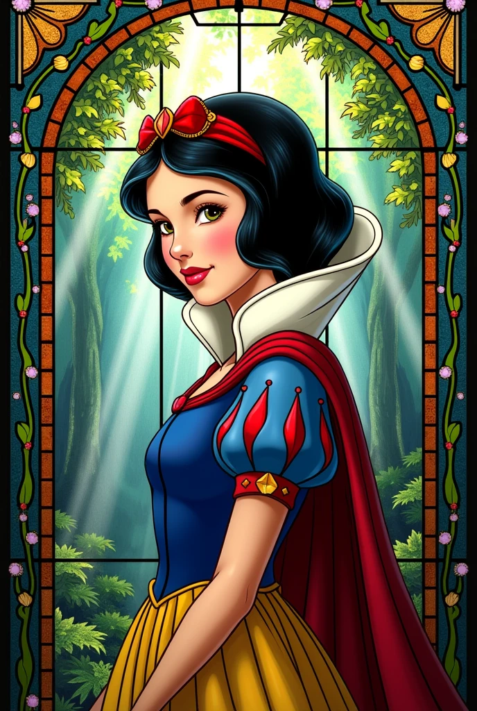 Stained glass window in the form of princess SnowWhite from Disney