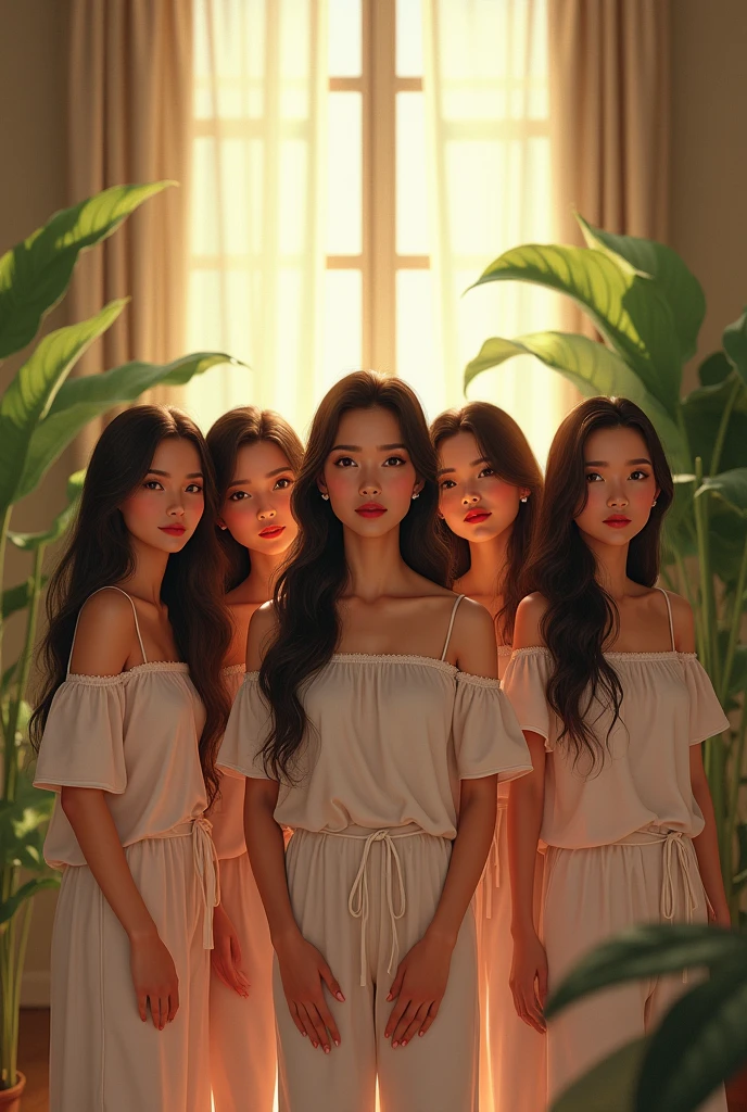 (photorealism:1.2), five beautiful Indonesian women aged around 45 years old, wearing loose off-shoulder top, pajama pants, long hair, Facing front, indoors, soft lighting, plants in background, window with sunlight, cozy room, relaxed pose, realistic, intricate details, warm colors, by Greg Rutkowski, by Alphonse Mucha