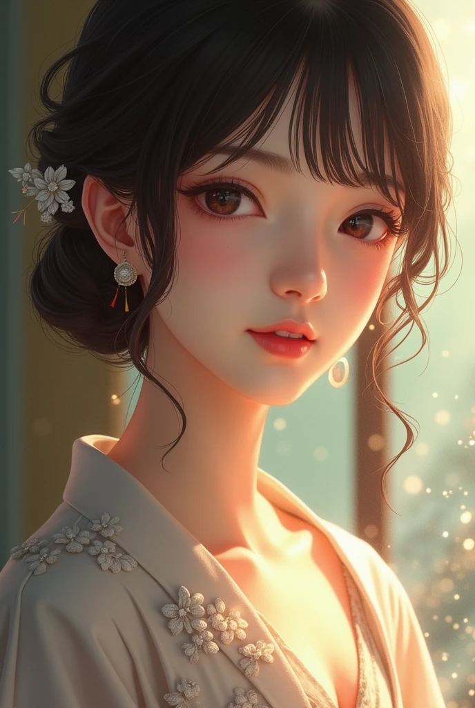 An elegantly dressed Japanese woman in natural light、A close-up of her chest and calm expression.、It shows her inner peace and outer charm.。