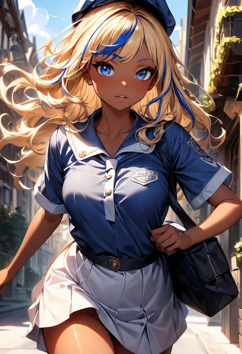 (highest quality:1.2, Very detailed, up to date, Vibrant, Ultra-high resolution, High Contrast, masterpiece:1.2, highest quality, Best aesthetics), Portraiture、girl、(slim:1), long hair, ((wavy hair:0.6))、messy hair, blonde and blue ((streaked hair:1.3)), highlights hair: 1.3, blue eye, medium breast, (tan skin:1.3), mailman blue costume, Bright colors、Beautiful fine details、Beautiful lip detail、shoulder mail bag, mailman blue cap, , town, running, (cowboy shot:1.5), look at viewer