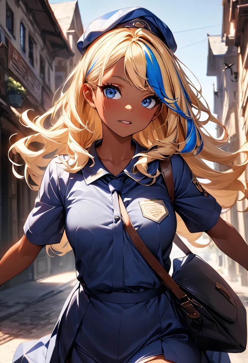 (highest quality:1.2, Very detailed, up to date, Vibrant, Ultra-high resolution, High Contrast, masterpiece:1.2, highest quality, Best aesthetics), Portraiture、girl、(slim:1), long hair, ((wavy hair:0.6))、messy hair, blonde and blue ((streaked hair:1.3)), highlights hair: 1.3, blue eye, medium breast, (tan skin:1.3), mailman blue costume, Bright colors、Beautiful fine details、Beautiful lip detail、shoulder mail bag, mailman blue cap, , town, running, (cowboy shot:1.5), look at viewer