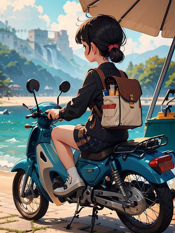 32K，UHD High Resolution，Octane Rendering，steampunk，(Hyper Detail: 1.*****ung girl riding a Super Cub、morning，cute，Very short stature，Thin thighs，Loading a lot of luggage into a small yellow Super Cub，Short dress，Semi-long twin tail hair，Black Hair，goggles，Super Cub Details，Seaside Background，Head to the campsite，Medium shot from behind,