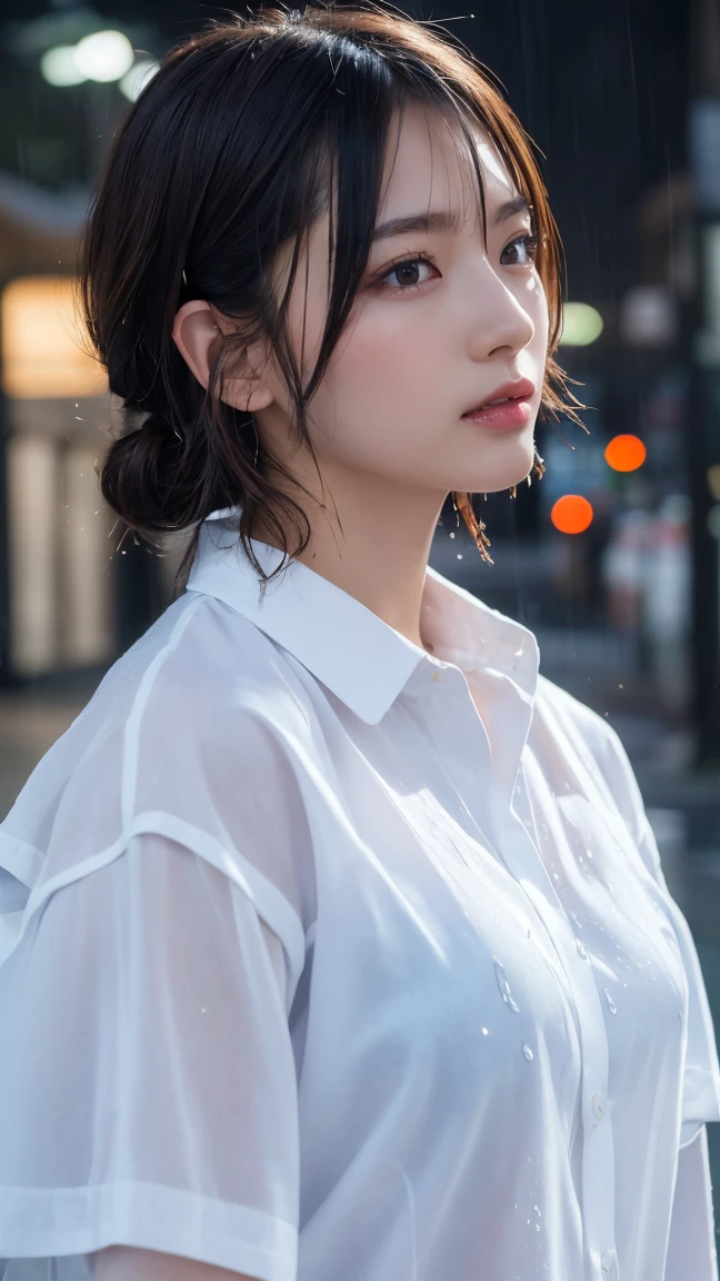 ((Highest quality, 8k, masterpiece: 1.3)), sharp: 1.2, Perfect Body Beauty: 1.4, Slim Abs: 1.2, ((Layered Hairstyles,: 1.2)), (Wet White Button Long Shirt: 1.1), (rain, street: 1.2), Wet: 1.5, Highly detailed face and skin texture, Detailed eyes, double eyelid, Profile looking at the camera