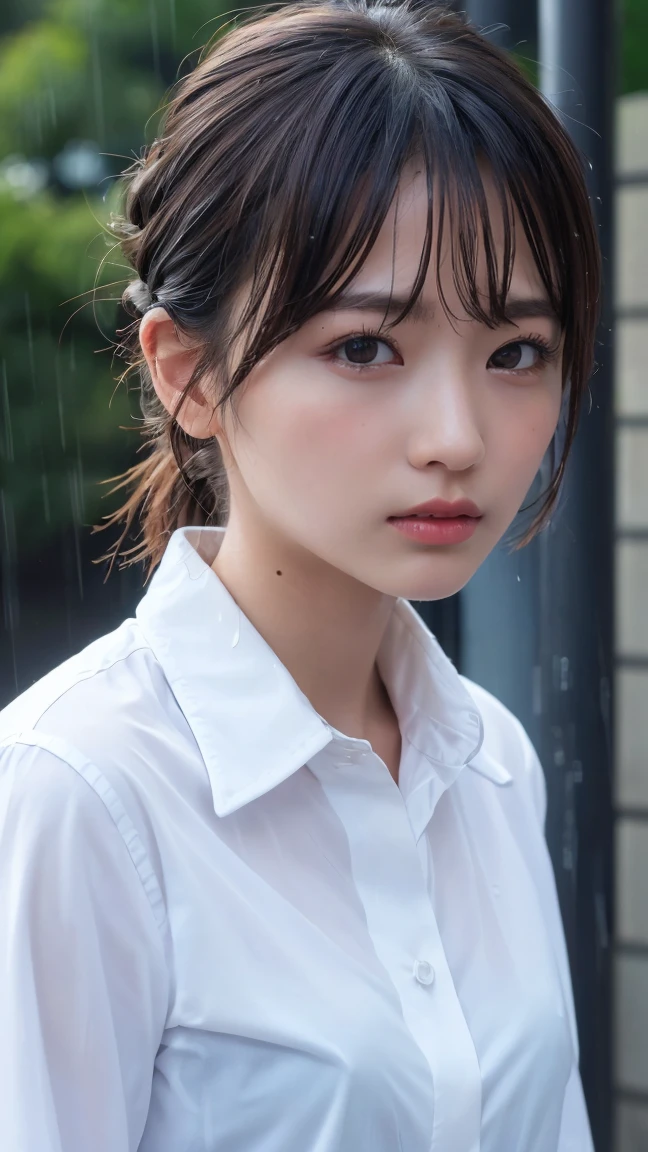 ((Highest quality, 8k, masterpiece: 1.3)), sharp: 1.2, Perfect Body Beauty: 1.4, Slim Abs: 1.2, ((Layered Hairstyles,: 1.2)), (Wet White Button Long Shirt: 1.1), (rain, street: 1.2), Wet: 1.5, Highly detailed face and skin texture, Detailed eyes, double eyelid, Profile looking at the camera