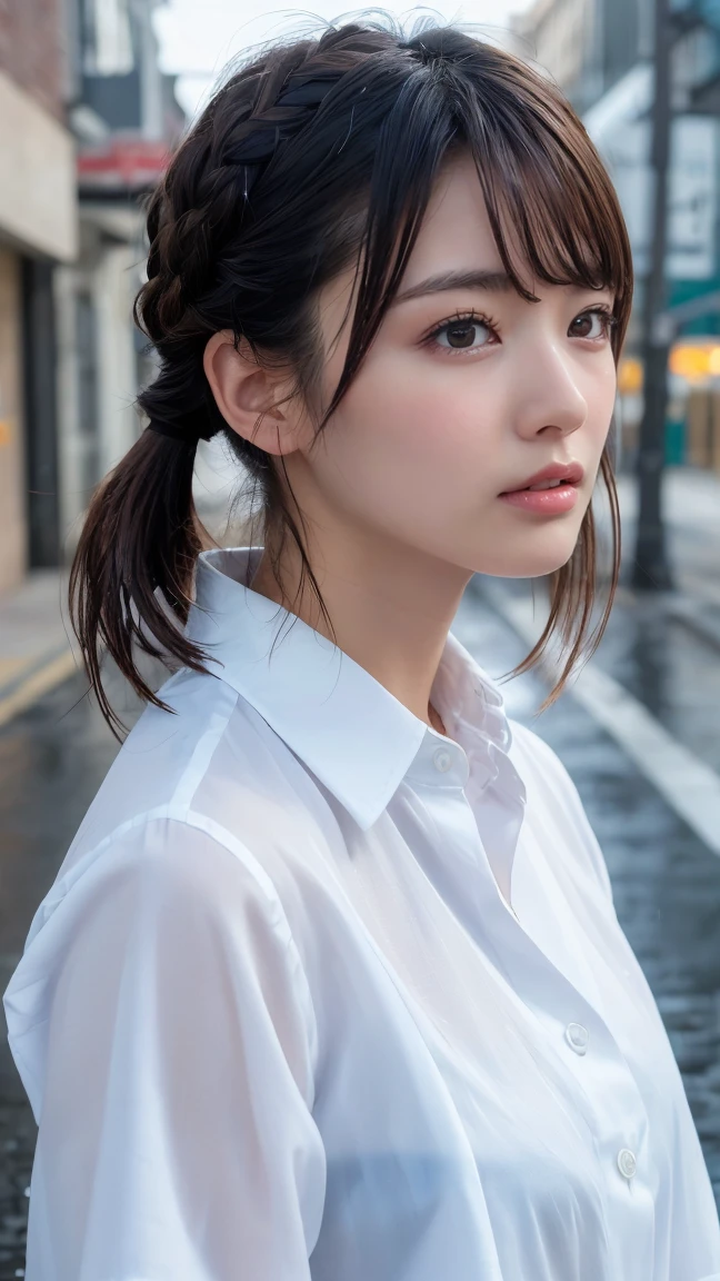 ((Highest quality, 8k, masterpiece: 1.3)), sharp: 1.2, Perfect Body Beauty: 1.4, Slim Abs: 1.2, ((Layered Hairstyles,: 1.2)), (Wet White Button Long Shirt: 1.1), (rain, street: 1.2), Wet: 1.5, Highly detailed face and skin texture, Detailed eyes, double eyelid, Profile looking at the camera