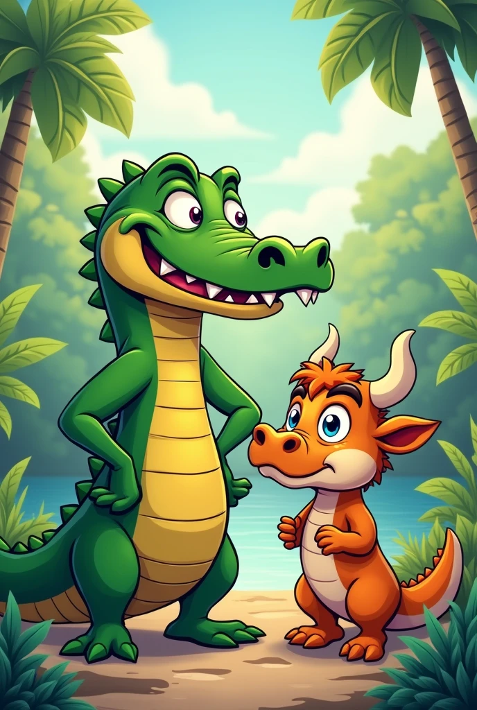 The Arrogant Crocodile and a kindfull Carabao in a cartoon style