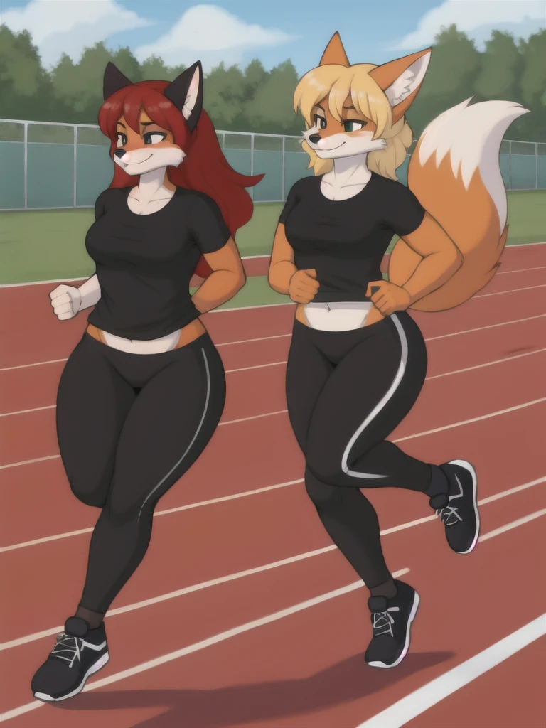 Furry, fox, female, black shirt, black leggings, shoes, running track, friends, full body