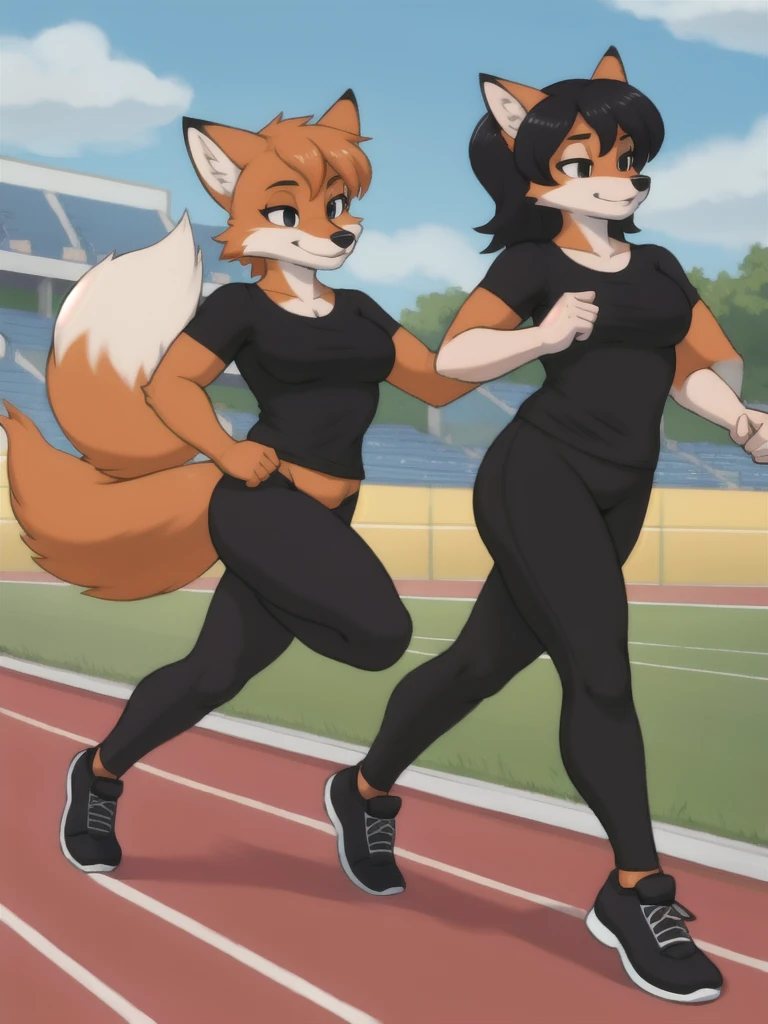 Furry, fox, female, black shirt, black leggings, shoes, running track, friends, full body
