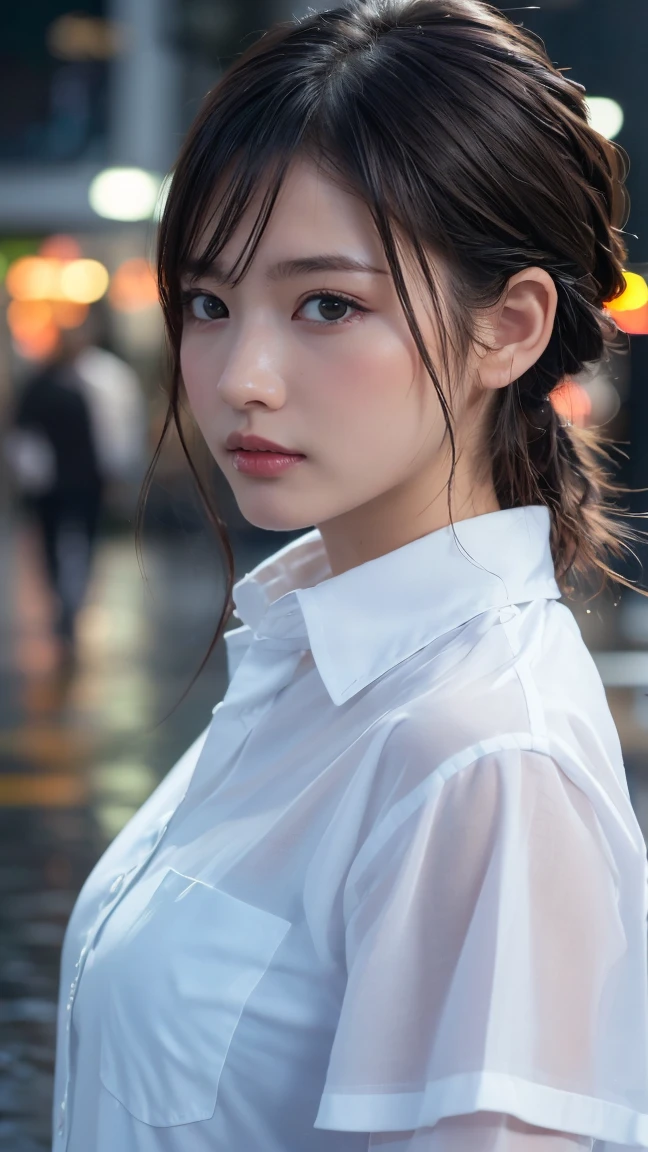 ((Highest quality, 8k, masterpiece: 1.3)), sharp: 1.2, Perfect Body Beauty: 1.4, Slim Abs: 1.2, ((Layered Hairstyles,: 1.2)), (Wet White Button Long Shirt: 1.1), (rain, street: 1.2), Wet: 1.5, Highly detailed face and skin texture, Detailed eyes, double eyelid, Profile looking at the camera