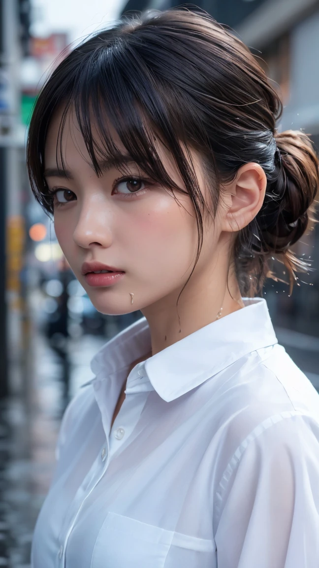 ((Highest quality, 8k, masterpiece: 1.3)), sharp: 1.2, Perfect Body Beauty: 1.4, Slim Abs: 1.2, ((Layered Hairstyles,: 1.2)), (Wet White Button Long Shirt: 1.1), (rain, street: 1.2), Wet: 1.5, Highly detailed face and skin texture, Detailed eyes, double eyelid, Profile looking at the camera