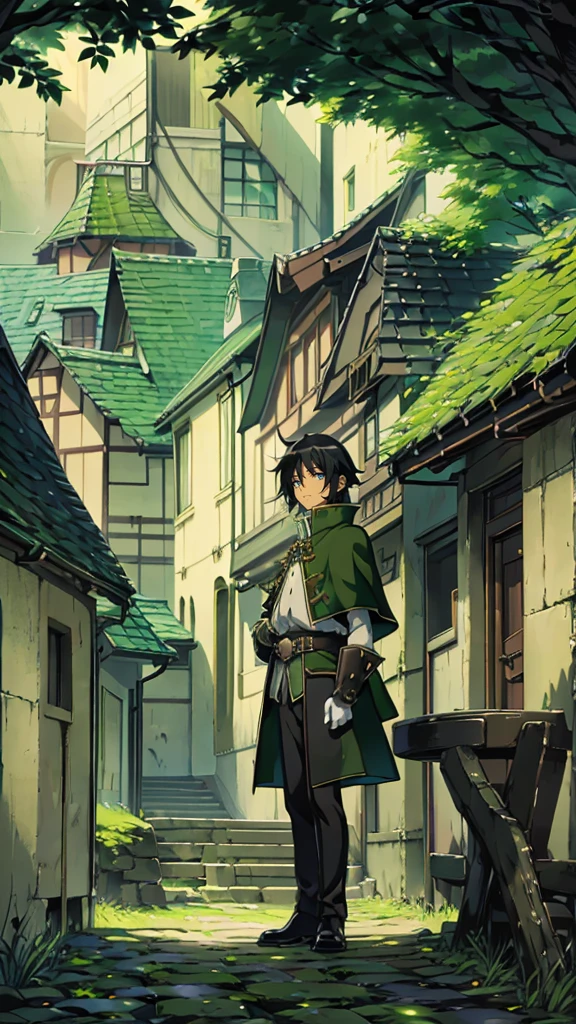 yuichiro hyakuya, (WithoutFear:1), 1 boy, black hair, green eyes, brown coat, gray armor, green shield, green cloak, dark brown gloves, town, white fur trim, tall, anime, standing, good quality, portrait, looking at viewer
