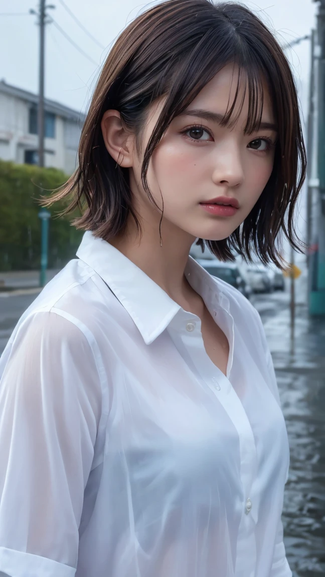 ((Highest quality, 8k, masterpiece: 1.3)), sharp: 1.2, Perfect Body Beauty: 1.4, Slim Abs: 1.2, ((Layered Hairstyles,: 1.2)), (Wet White Button Long Shirt: 1.1), (rain, street: 1.2), Wet: 1.5, Highly detailed face and skin texture, Detailed eyes, double eyelid, Profile looking at the camera