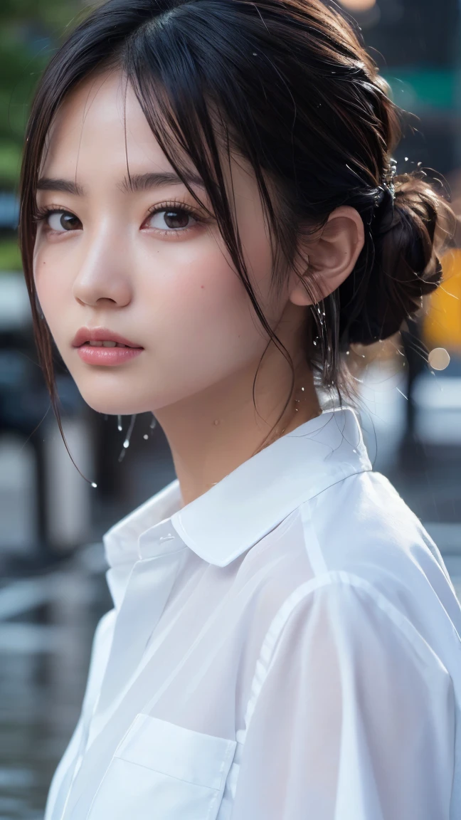 ((Highest quality, 8k, masterpiece: 1.3)), sharp: 1.2, Perfect Body Beauty: 1.4, Slim Abs: 1.2, ((Layered Hairstyles,: 1.2)), (Wet White Button Long Shirt: 1.1), (rain, street: 1.2), Wet: 1.5, Highly detailed face and skin texture, Detailed eyes, double eyelid, Profile looking at the camera