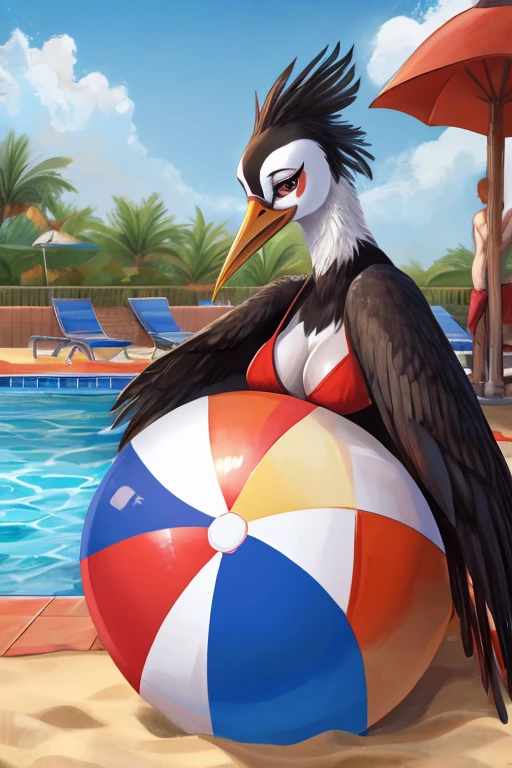Sexy, female red-crowned crane, wearing her red bikini, sitting on top of her giant beach ball, in middle of a swimming pool, she is pulling out the air plug, giant beach ball leaking air, deflating, closeup up on bikini crane lady's face, embarrassing