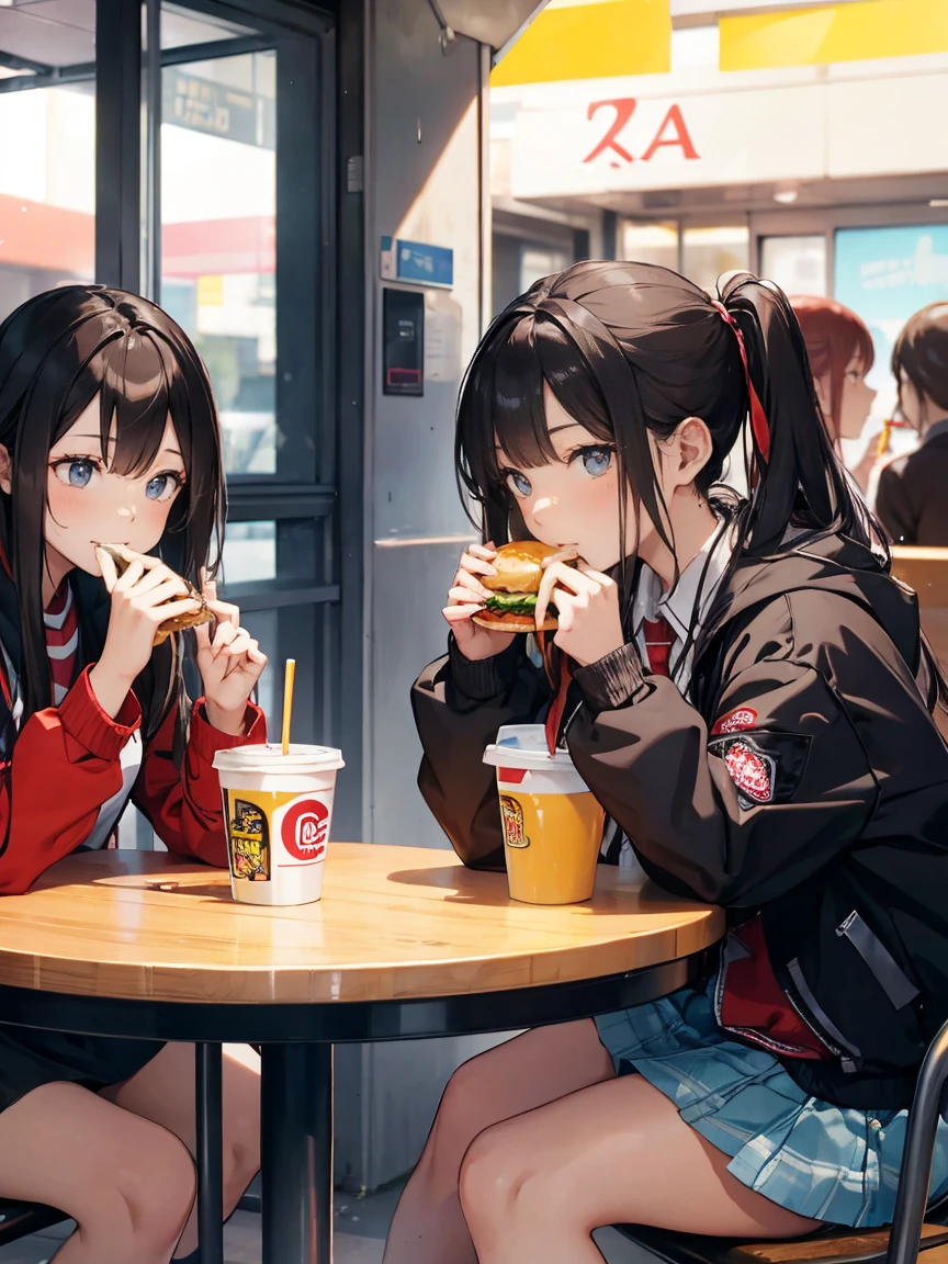 A scene of female high school students studying while eating hamburgers at McDonald&#39;s