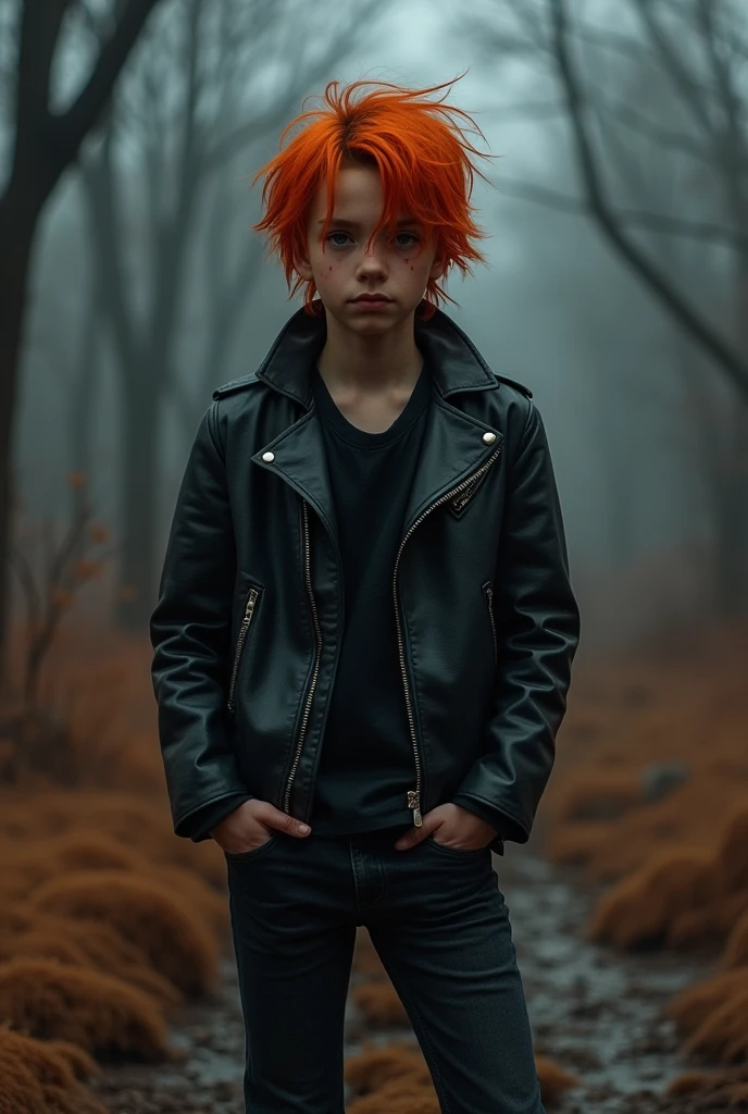 Make me a 16 year old with orange hair, a scar on the left cheek , black leather jacket and dark blue jeans with fire powers posing standing but intimidating in a night and abandoned landscape