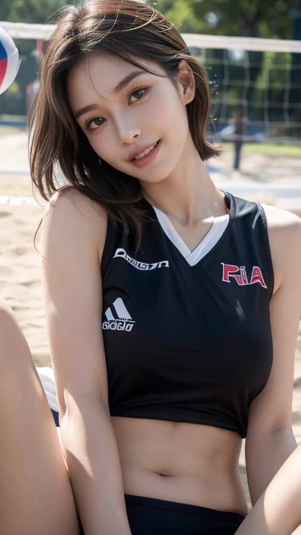 8k, RAW Photos, Highest quality, masterpiece, Realistic, Photorealistic, (1 Ultimate beauty), 21 years old, Highly detailed face, (Perfect Teeth), Detailed eyes, double eyelid, eyelash, Grin, Lip details, Brunette Bob, Natural Breasts, ((Sexy volleyball uniforms)), Soft Light, ((Written boundary depth)) 、From the back、Total、Stick your butt out、Spread your legs、Slender body、Inverted nipples,