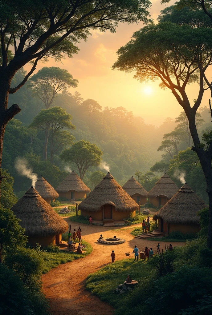 Je veux une image d'un village africain rond dans la forêt avec le soleil couchant